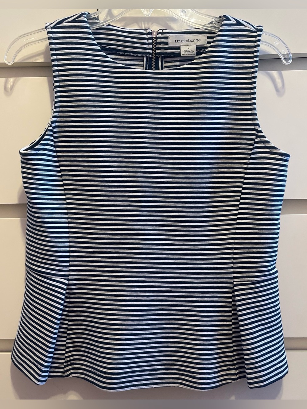 Liz Claiborne Navy and White Striped Sleeveless Peplum Shell